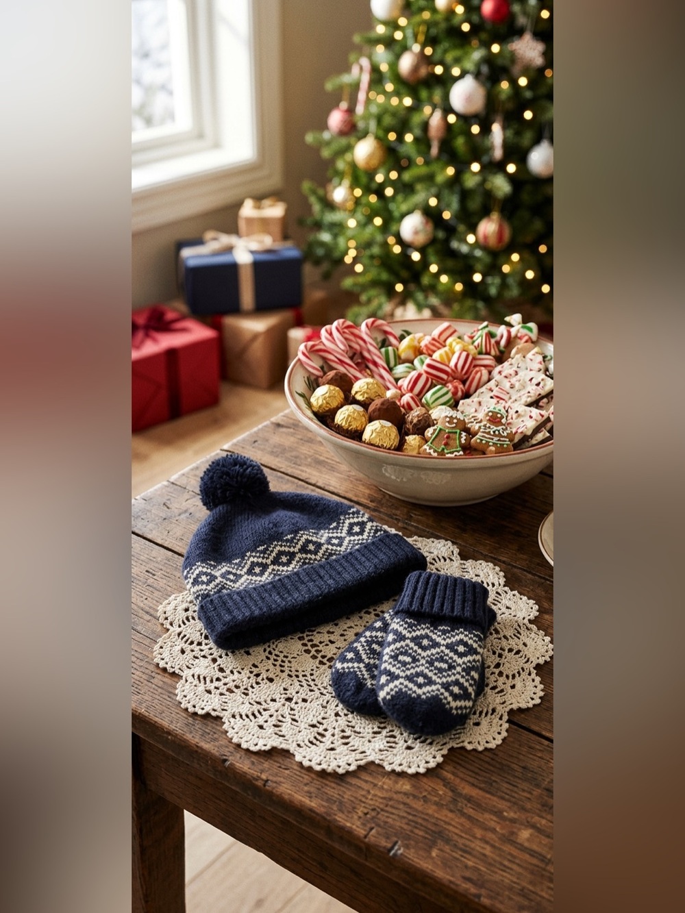 H&M Baby Knit Hat & Mittens Set Navy Blue Fair Isle Pattern Sz 1-3M